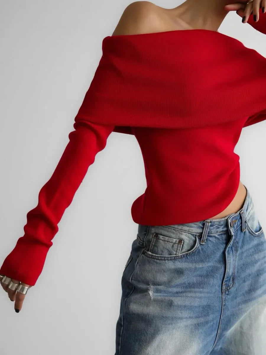 eybag Elegant Red Off Shoulder Sweater for Women Autumn Fashion Long Sleeve Knitted Pullovers Female Casual Slim Jumpers 2024 Knitwear