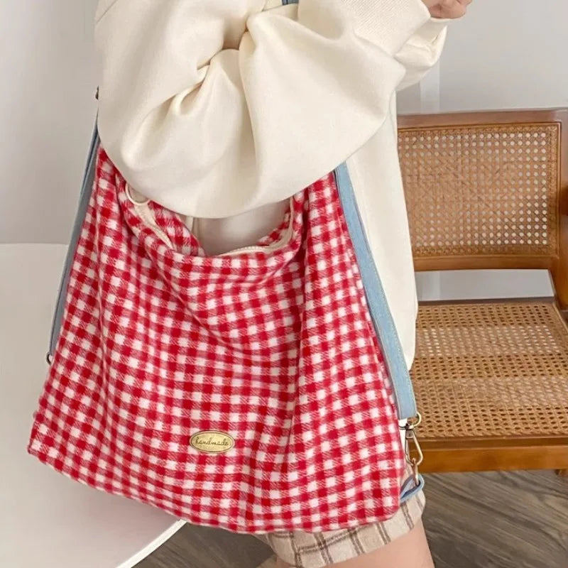 eybag Plaid Red Shoulder Bag for Women Elegant Casual College Style Large Capacity Backpack Cute Sweet 2024 Harajuku Fashion Bag