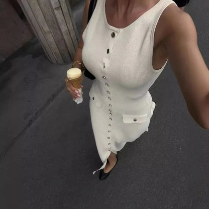 eybag Vintage Knitted Sleeveless Long Dress Women Summer Solid Single Breatsted Elegant Bodycon Dresses Party Evening Office Lady Robe