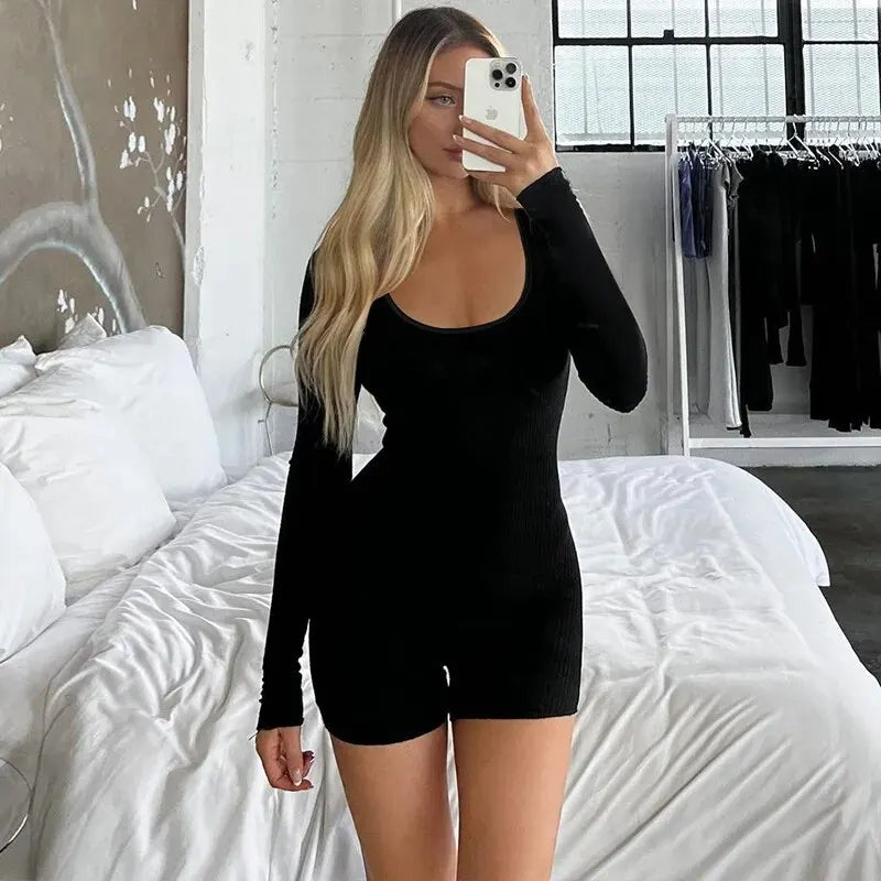 eybag Women 2024 Spring Autumn Long Sleeve Streetwear Bodycon Basic Black Romper Playsuit