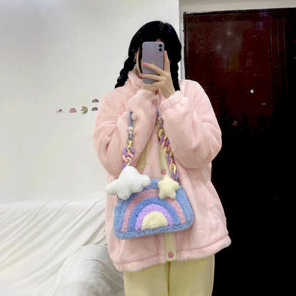 eybag Rainbow Plush Purses and Handbags for Women 2022 Shopper Acrylic Chain Cloud Pendant Cute Girls Pearl Wallet Shoulder Bag