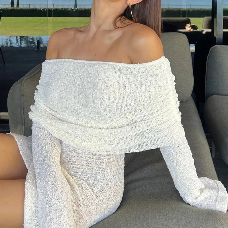 eybag Off Shoulder Knit Mini Dresses Long Sleeve Boat Neck Crochet Slim Fit Plain Mini White Guest Dresses Summer Fashion 2024