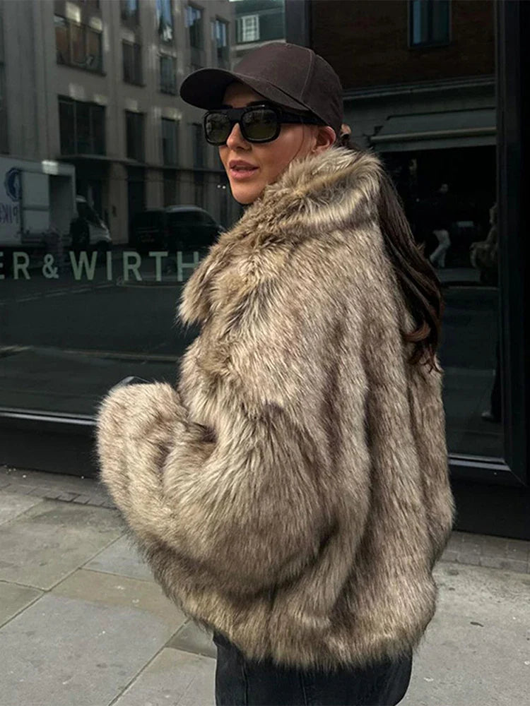 eybag Retro Lapel Zipper Faux Fur Coat Women Casual Loose Thicken Solid Natural Imitation Fur Coats Female Winter Warm Chic Outwear