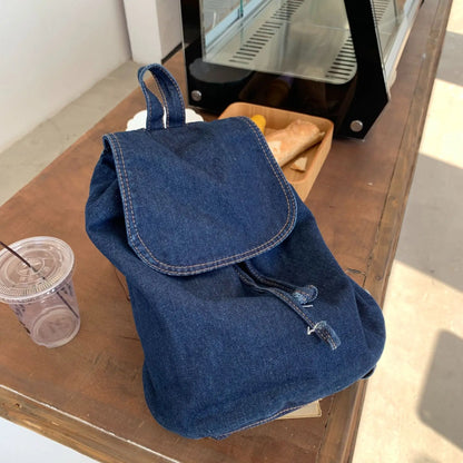 eybag  Preppy Style Denim Flap Drawstring Women Backpack Causal Solid Color Student School Girl Backpack Retro Travel Commuter Backpack