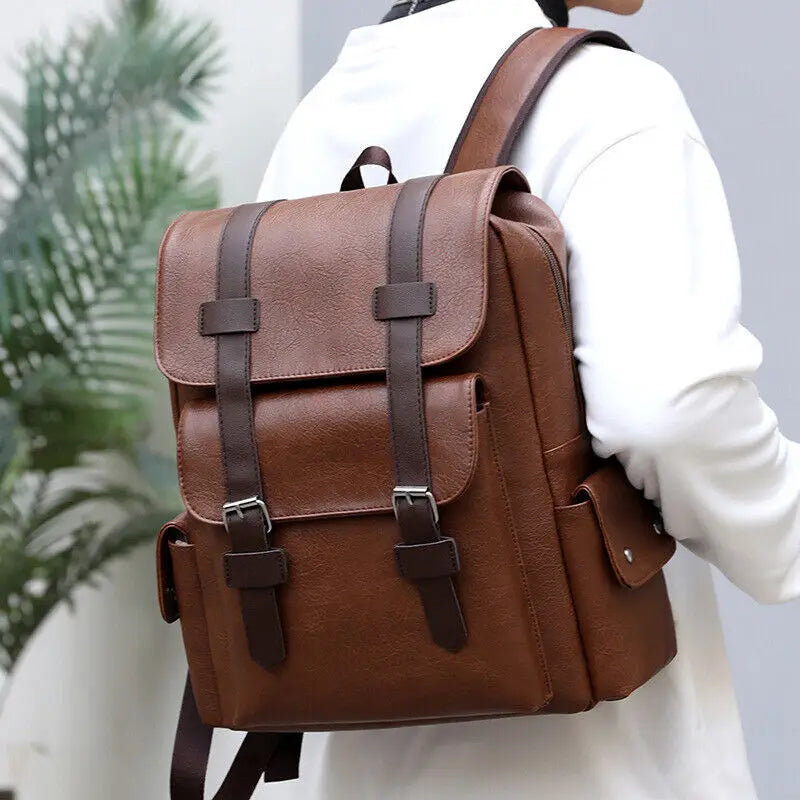 eybag Classic Vintage Men Backpack PU Leather Business Travel Rucksack High Quality Multiple Pockets Water Resistant Casual Laptop Bag