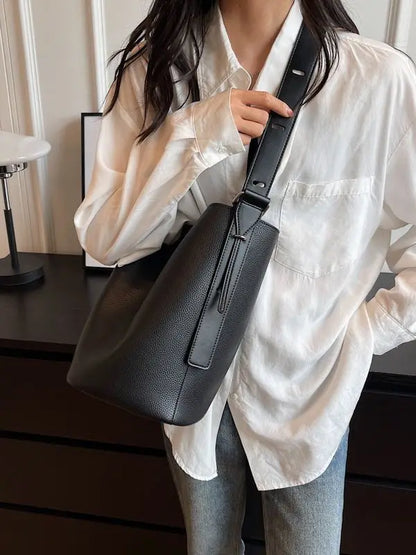 eybag Soft Cowhide Minimalism Women Bucket Bag Elegant French Style Lady Large Tote Bag Luxury Thick Leather Bag