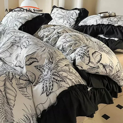 -2/3PC French Vintage Black Ruffles Duvet Cover Set, With Pillowcases, Nordic Luxury Flowers Plant Quilt Cover Set, Bedding Set