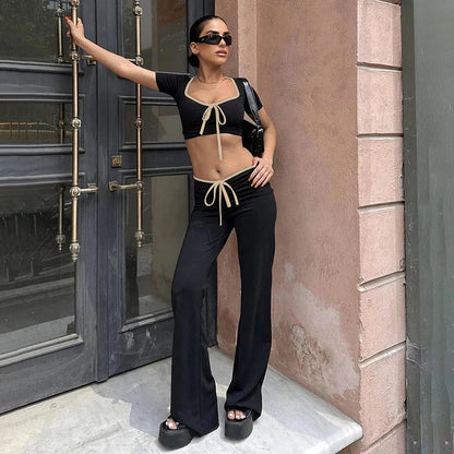 eybag Sexy Top Pants 2 Piece Set Women Summer Short Sleeve Slim Crop Tees + High Waist Flare Trousers Female Fashion Lace-up Outfits