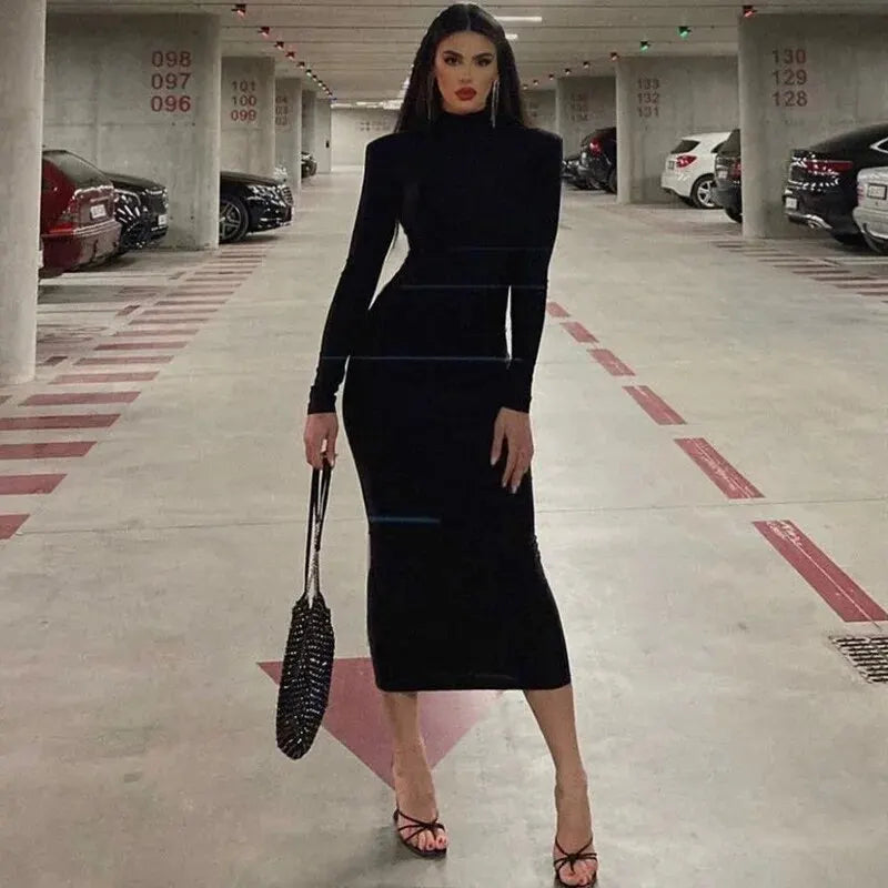 eybag Women 2024 Spring Autumn Fashion Long Sleeve Streetwear Bodycon Black Midi Dress