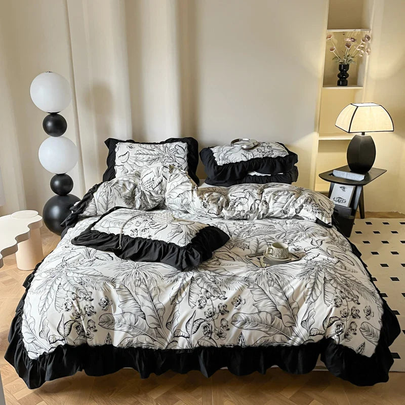 -2/3PC French Vintage Black Ruffles Duvet Cover Set, With Pillowcases, Nordic Luxury Flowers Plant Quilt Cover Set, Bedding Set