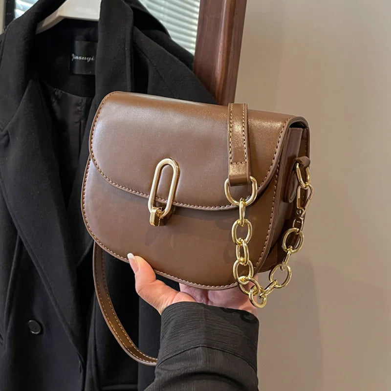 eybag Vintage Shoulder Crossbody Bags for Women Winter PU Leather Small Women's Saddle bag Fashion Handbag Chain Black Brown