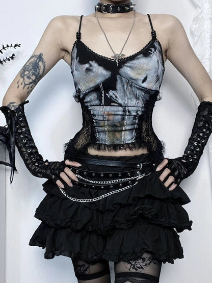 eybag New Punk Grunge Fairy Y2K Tops Gothic Dark Style Sexy Lace Patchwork Printed Glass Bead String Strap Top for Women