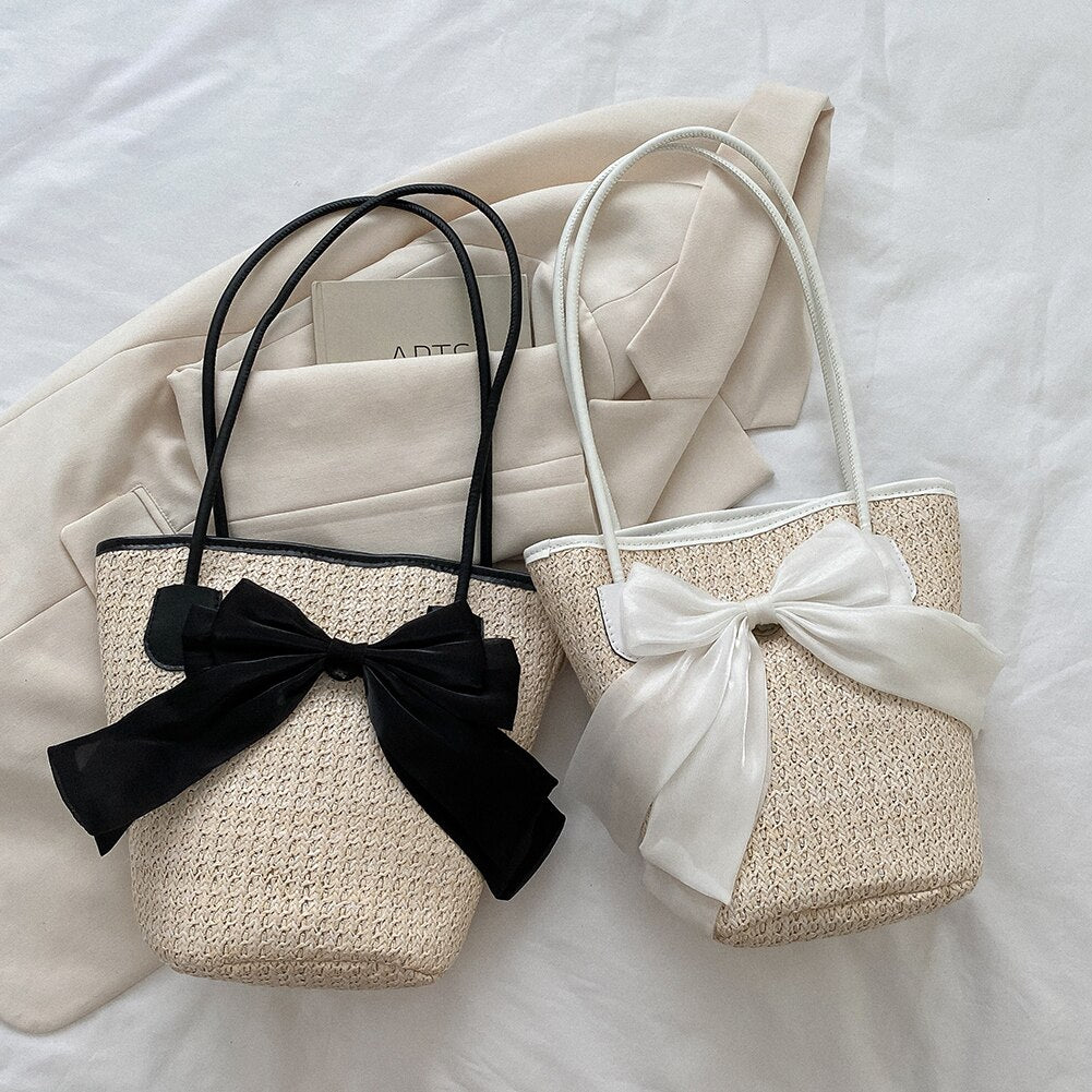 eybag Casual Straw Woven Handbags Women Summer Holiday Beach Bow Totes Top-Handle Bags Fashion Ladies Undearm Shoulder Bags