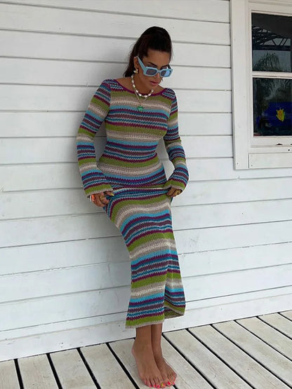 eybag Knitted Striped Slim Backless Long Dresses Women Casual Long Sleeve O-neck Thin Knitting Dress Female Chic Elegant Streetwear