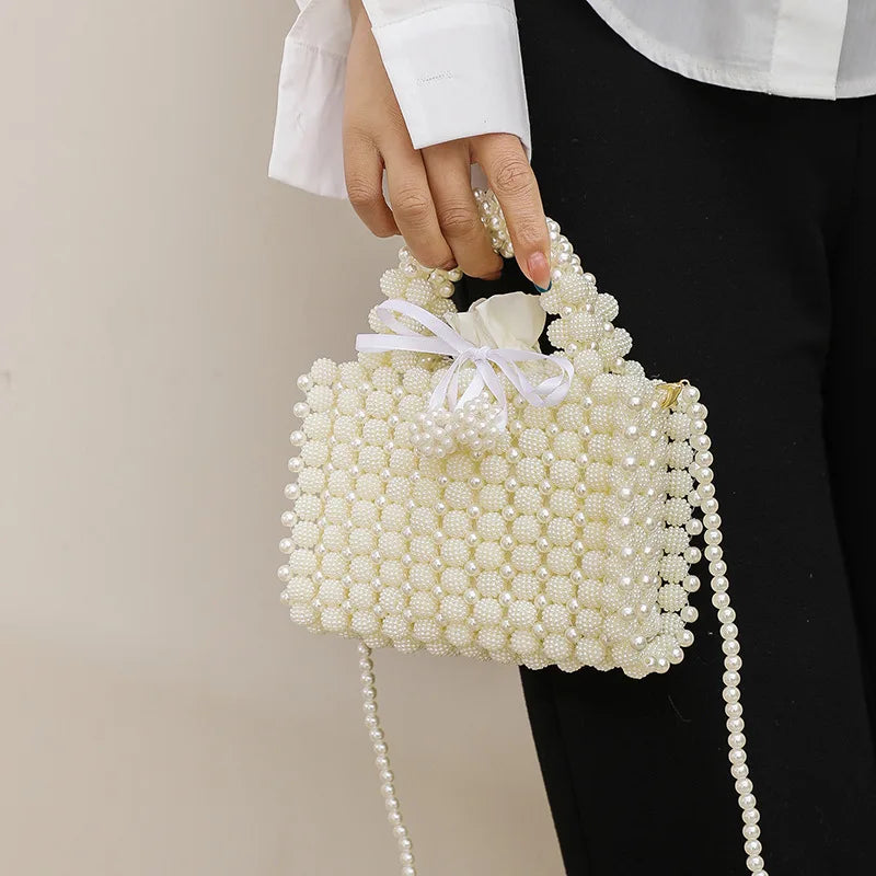 eybag Luxury Woven Pearls Bag Shoulder Bags for Women Designer Small Beading Handbags Brands Party Evening Purse Wedding Clutch Tote