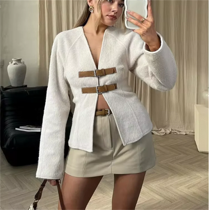 eybag V-neck Tops For Women Long Sleeve Fashion Cardigan Single Breasted Coats Elegant Autumn Winter Streetwear 2024 New In Jacket