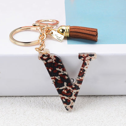 Lkblock Fashion Acrylic Leopard Letter Keychain With Tassel Fashion Couple 26 A-Z Initial Letter Pendant With Key Ring For Women Bag