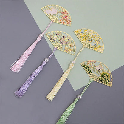 eybag Exquisite Hollow Fan Shape Bookmarks With Tassel Beautiful Chinese Style Metal Book Mark Student Stationery Reading Supplies