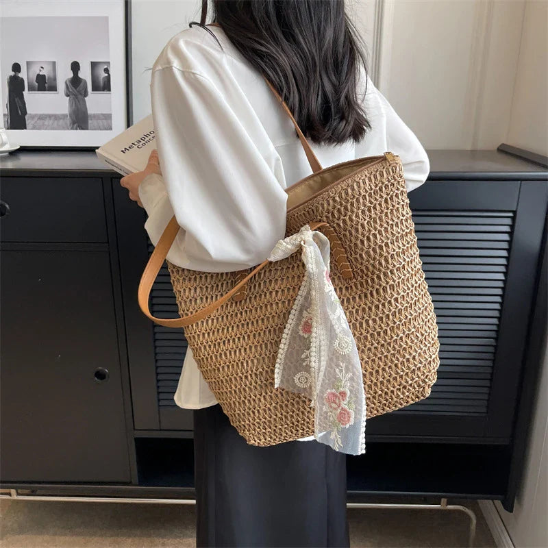 eybag Summer Large Capacity Tote Bag Women Shoulder Bag Handmade Woven Bag Fresh Rural Handheld Grass Woven Women Bag   36.25