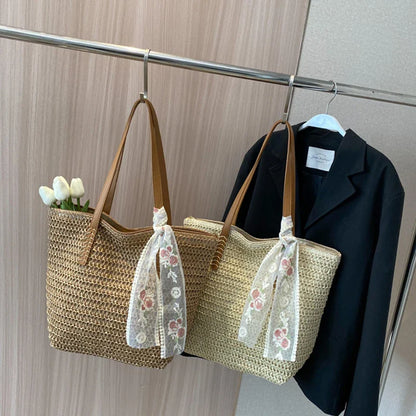 eybag Summer Large Capacity Tote Bag Women Shoulder Bag Handmade Woven Bag Fresh Rural Handheld Grass Woven Women Bag   36.25