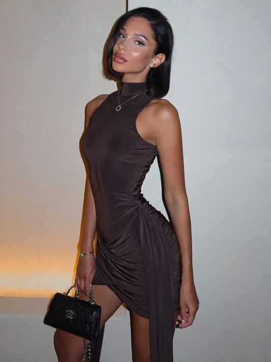 eybag Turtleneck Sleeveless Sexy Mini Dress For Women Fashion Irregular Ruched Tank Dress Femme Elegant Club Party Dress