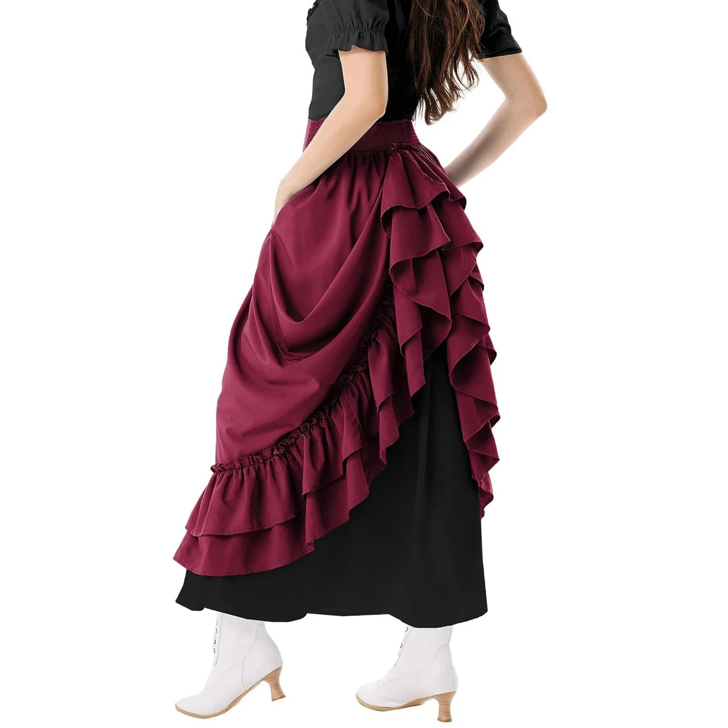 eybag Retro Medieval Skirts Women Vintage Renaissance Victorian Ruffled Hem A-Line Skirts Cosplay Costumes High Waist Maxi Skirt