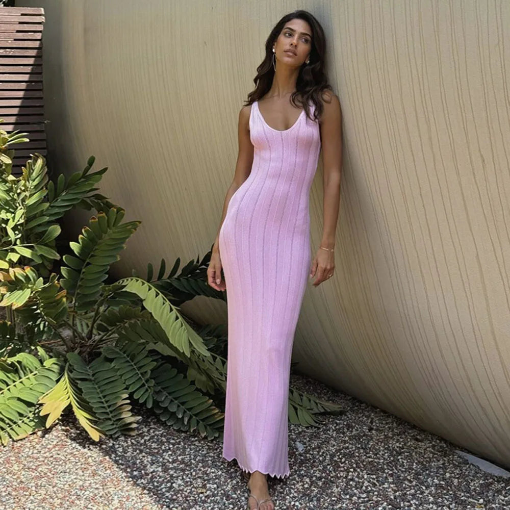 eybag Pink Knitted Summer Dress Women Sexy Backless Slim Maxi Holiday Beach Dresses Elegant Hollow Out Solid Causal Long Dress 2024