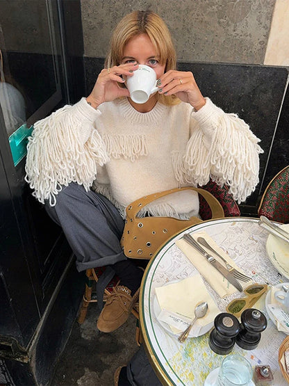 eybag Vintage Knitted Solid Tassel Sweaters Women Casual Loose O-neck Whiter Pullover Sweater Female Autumn Elegant Chic Street Tops