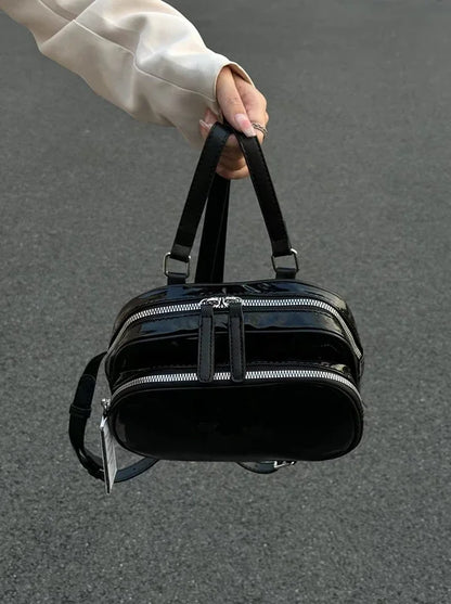 eybag Black Patent Leather Ladies Small Backpack Fashion Cool Girls Square Shoulder Bagss Retro Design Women's Travel Handbag Knapsack