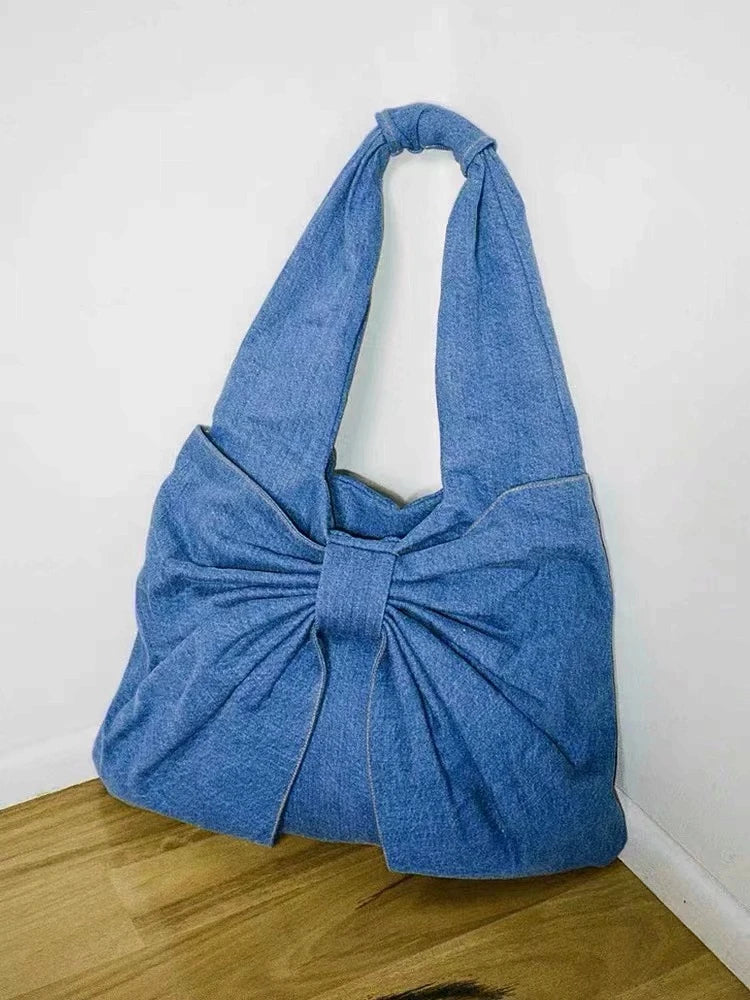 eybag New Niche Bow Denim Tote Bag Women 2024 Shoulder Bags Washed Large-capacity One-shoulder Underarm Bag Women Handbags