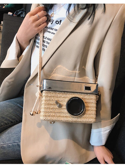 Lkblock Fun Designer Bag 2022 New Women Fashion Camera Straw Woven Handbag Female One Shoulder Bag Crossbody Bag Flap Purse