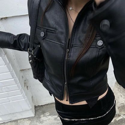 eybag Slim Leather Long Sleeve Zipper Metal Button Slim Jackets Coats New Winter Casual Y2K Wholesale Vacation Clothing