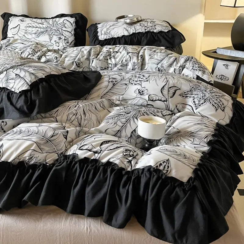 -2/3PC French Vintage Black Ruffles Duvet Cover Set, With Pillowcases, Nordic Luxury Flowers Plant Quilt Cover Set, Bedding Set