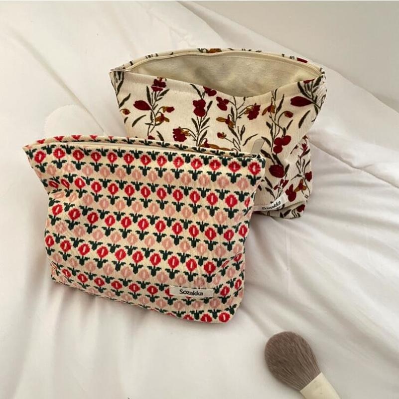 Lkblock Corduroy Make Up Organizer Clutch Bag Retro Flower Print Cosmetic Bag Wash Bag Women Travel Cosmetic Pouch Beauty Storage Cases