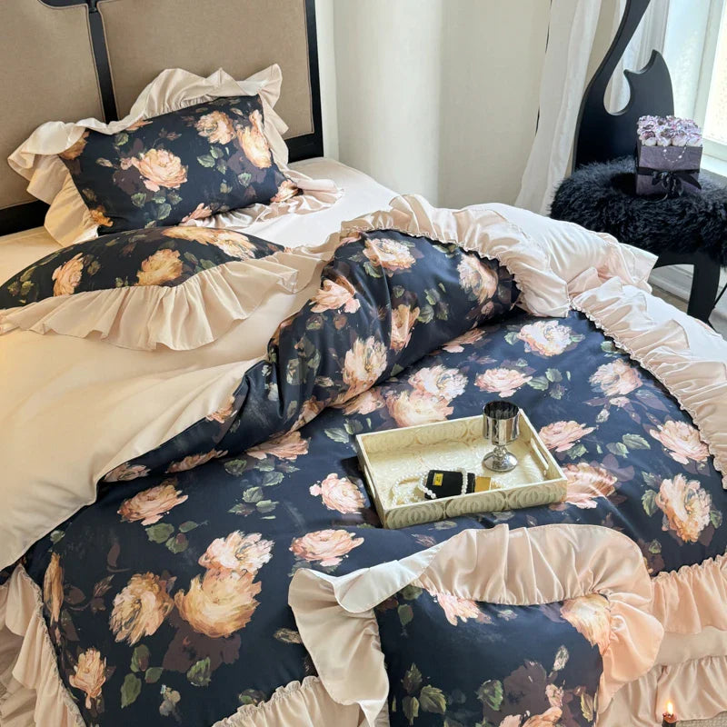 -3Pcs Vintage Rose Flowers Print Ruffles Duvet Cover Set, With Pillowcases, Quilt Cover Set, Bedding Set