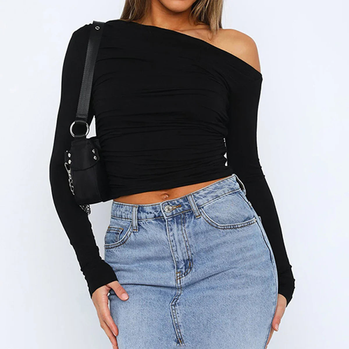 eybag Casual Solid Color Long Sleeve Shirts Cropped Tops Women Ruched Off Shoulder T-shirts Streetwear Clubwear Sexy Pleated Pullovers