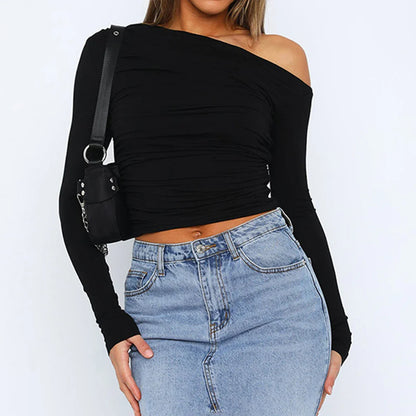 eybag Casual Solid Color Long Sleeve Shirts Cropped Tops Women Ruched Off Shoulder T-shirts Streetwear Clubwear Sexy Pleated Pullovers