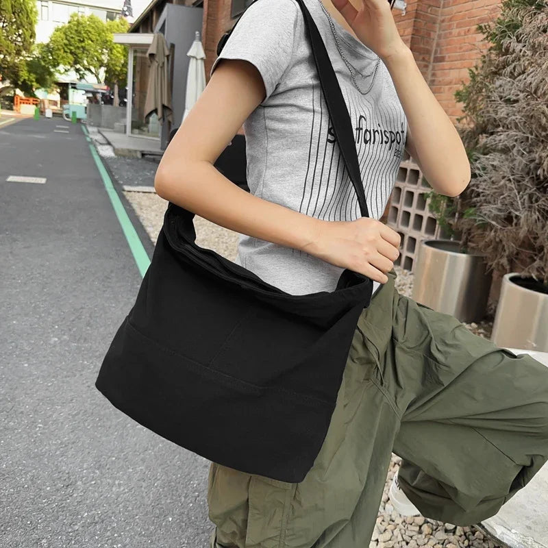 eybag Leisure Canvas Women's Shoulder Bag Large Capacity College Students Crossbody School Bag Simple Solid Color Travel Messenger Bag