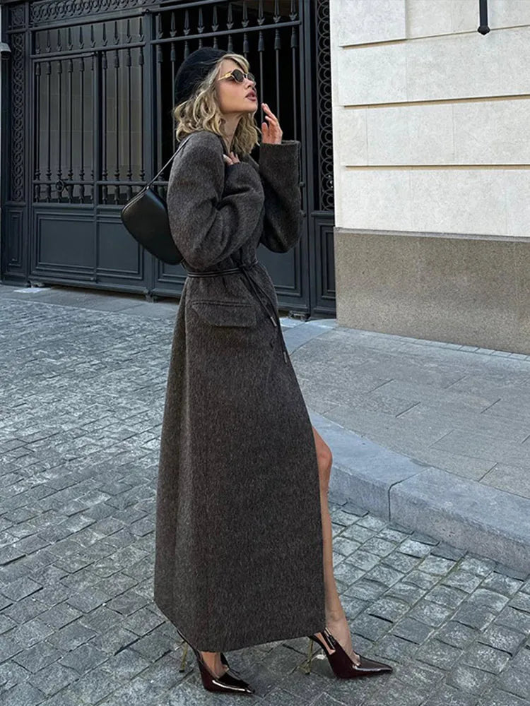 eybag Vintage Double-Breasted Long Woolen Coat Women Casual V-Neck Solid Slit Maxi Coats Lady Winter Warm Chic Elegant Street Outwear