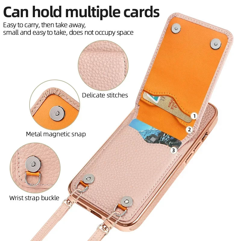 eybag Multi Card Wallet Leather Bracket Phone Case For iPhone 15 14 13 Pro Max Crossbody Lanyard Strap Holder Cover For IPhone 14 Plus