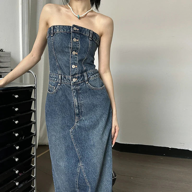 eybag Denim Strapless Buttons Stretchy Slim Slit Long Dress Casual Fashion Streetwear Summer Vacation Daily Party Women Clothes