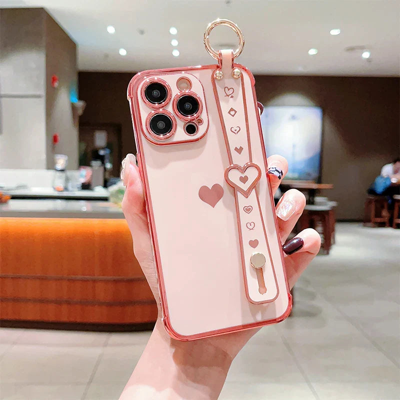 eybag New Electroplated Solid + Love Wrist Strap Mobile Phone Case For iPhone 11/12/13/14/15 Pro Max Apple Series Phone Cases