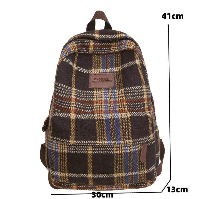 eybag Vintage Plaid Woollen Cloth Women's Backpack Student Book Backpacks for Teenage Girls School Bags Large CapacityTravel Rucksack