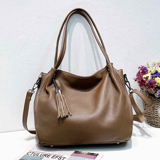 eybag Soft Litchi Grain Genuine Leather Tote Bag for Women Tassel Handbag Luxury Cowhide Ladies Shoulder Handbag 2022 New