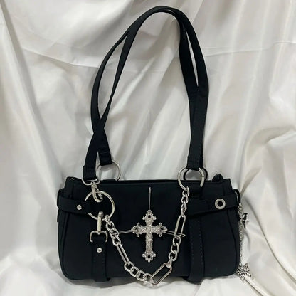 Lkblock Gothic Cross Y2k Bag Women Vintage Grunge Punk Chain Casual Girls Shoulder Bag Female Retro Moto Biker Black Handbag Aesthetic