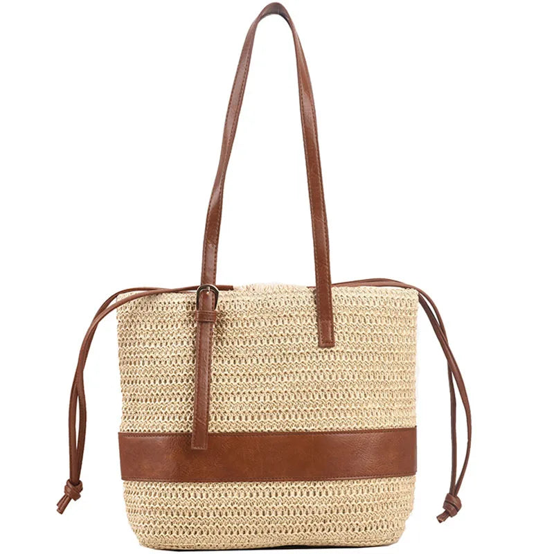 eybag Summer Straw Bag For Women Woven Handmade Handbag Large Capacity Lady Tote Vacation Beach Bag Rattan Shoulder Bag splicing Totes