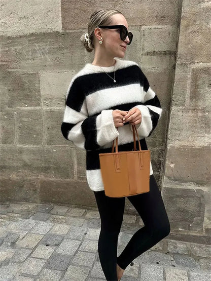 eybag Women Fashion Loose Knit Sweater O-neck Long Sleeves Autumn Winter Sweaters Elegant Warm Casual Pullovers 2024 Lady High Street