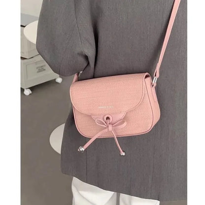 eybag Casual Pink Women Shoulder Bag Leather Simple Plaid Sweet Bow Daily Fashion Handbag Aesthetic Elegant Female Crossbody Bag