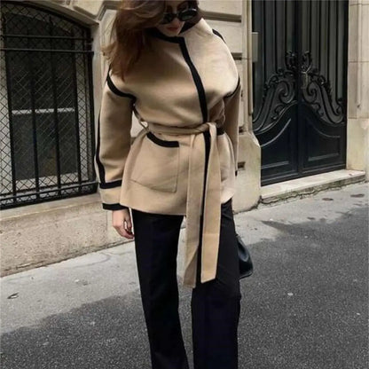 eybag Women Fashion Spliced Contrast Coats Long Sleeve Belt Pocket Decorate 2024 Autumn Winter New In Jacket  Lady Mid-length Outwear