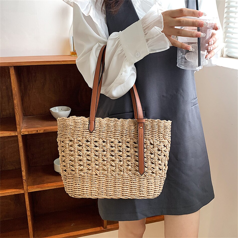 Lkblock Fashion Luxury Weave Tote Bag for Women Trend Female Handbags Design Travel Beach Bags Brand Shopper Straw Shoulder Purses